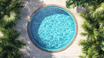 Aerial view of a circular swimming pool surrounded by lush greenery.