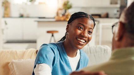 Smile, trust and nurse with old man on sofa for healthcare advice, kindness and support. Medical...