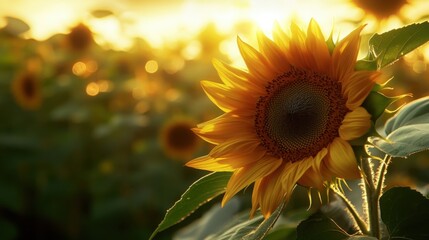 Fototapeta premium Golden Hour Sunflower bathed in sunset s warm glow serene field summer bloom nature s beauty