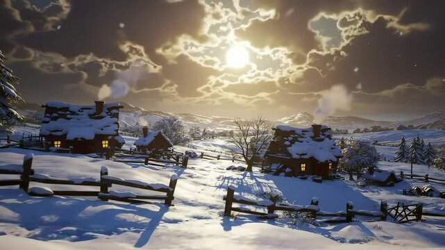 Snowcovered village basks in sunlights glow