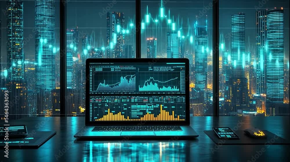 Poster futuristic workspace with laptop showcasing data analytics, set against vibrant city skyline, creati
