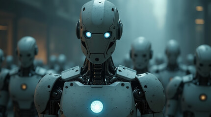 Fototapeta premium Apocalypse.exe — Loading on Robot Chest in a Dystopian Army Scene