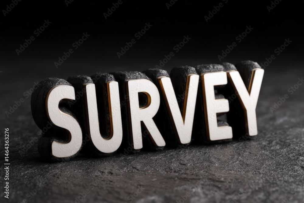 Poster boldly designed survey text in sleek typography against a dramatic dark background creating an impac