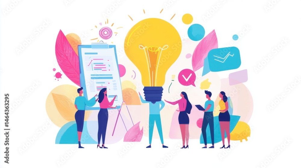 Aufkleber collaborative brainstorming session to generate innovative solutions with vibrant visuals