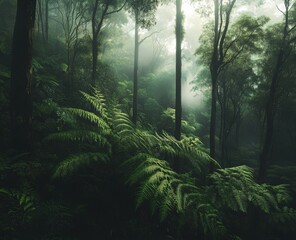 Obraz premium A lush green forest with ferns and tall trees on a foggy day