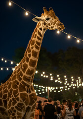 Obraz premium Giraffe at night with string lights