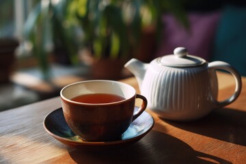 Fototapeta premium Enjoying Warm Tea with Ceramic Teapot on Wooden Table Indoors
