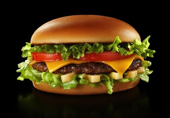 A cheeseburger with sesame seeds on a bun, against a black bg