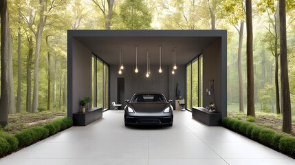 A sleek modern garage with matte black finishes blends seamlessly into the surrounding forest creating a tranquil and functional space