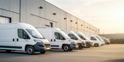 A long row of white vans is parked in front of a large building