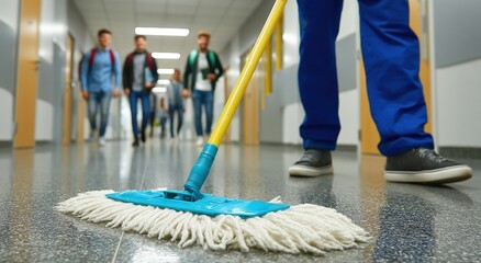A janitor mops a shiny hallway floor as students walk in the background at a school or institution.