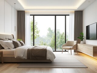 A cozy bedroom with a bed, TV, comfy chairs, and a large window