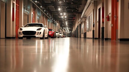 Spacious and well lit indoor garage showcasing an exclusive collection of gleaming high end sports cars against a backdrop of sleek modern design