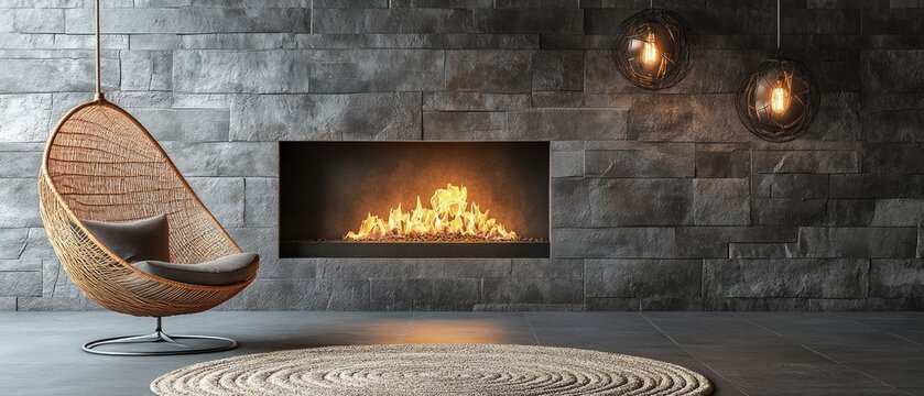 Cozy room with black fireplace, orange flames, lanterns, wicker chair, and a soft rug, creating a serene and inviting ambiance for relaxation.