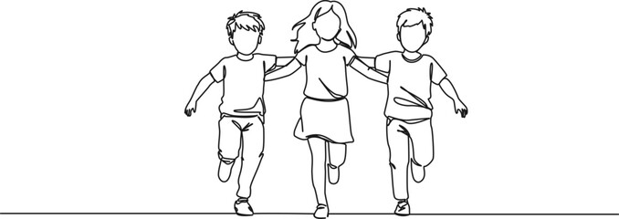 continuous single line drawing of three cheerful kids running together, line art vector illustration