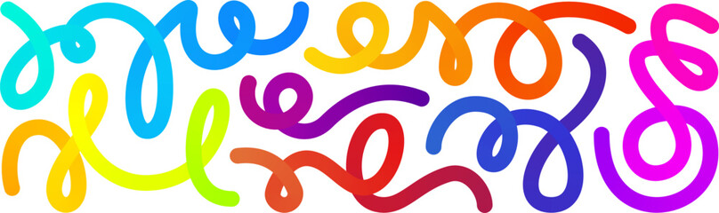 Obraz premium Line gradient shapes, abstract color object kid pattern. 3d confetti graphic element. Curve happy birthday fluid wave design. Vector liquid swirl path, dynamic spiral squiggle. Fun child trendy ribbon