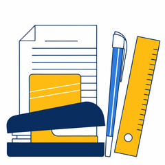 Stationery items including stapler, pen, ruler, and papers on a desk