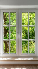 Fototapeta premium Sunlight streams through a white window framing a lush green forest with vibrant trees and natural beauty, creating a peaceful and serene indoor outdoor view.