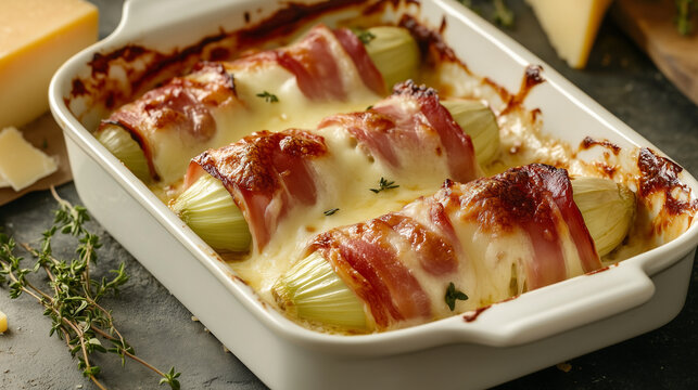 Chicon au gratin, traditional Belgian endive gratin in a rustic earthenware baking dish