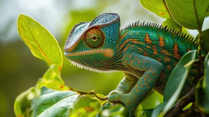 Fototapeta premium Close-up view of a vibrant chameleon amidst lush foliage.
