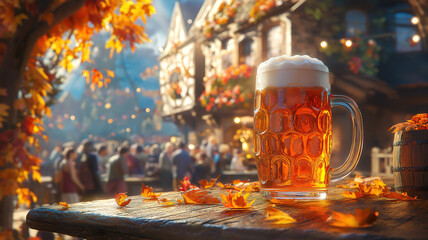 Beer glass on table during Oktoberfest with joyful people and festive tent atmosphere in background
