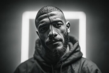 Surreal portrait of a young Arab man with a split face in darkness Black and white