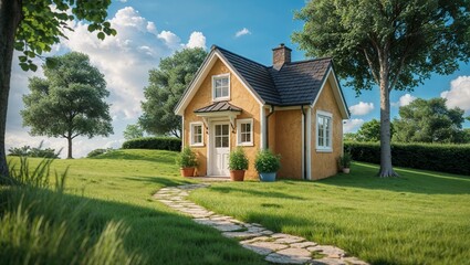 Old wooden country house and church in the park, featuring classic architecture with a blue sky, lush lawn, and summer trees