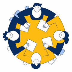 Top view of a group collaborative meeting at a round table with laptops