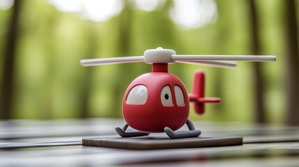 Red toy helicopter on a table in a forest background
