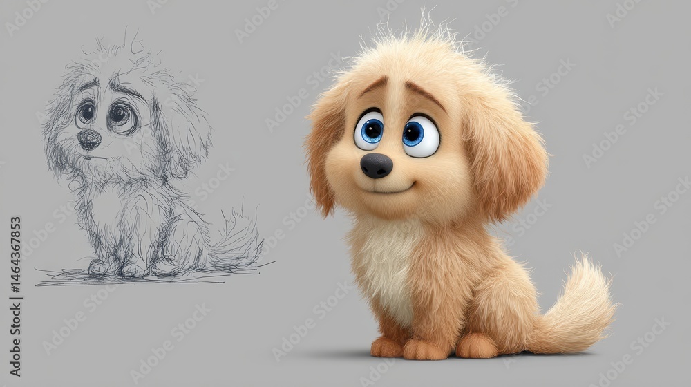 Poster digital rendering of a fluffy puppy design alongside a sketch.