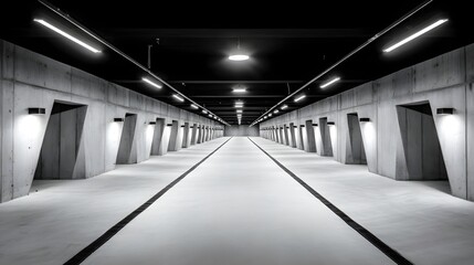 Fototapeta premium A long symmetrical hallway with multiple doors leads to a minimalist industrial style garage with moody lighting and sharp angles