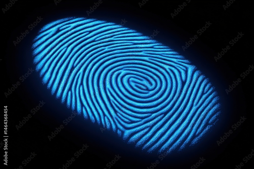 Poster close-up view of a luminous blue fingerprint pattern exhibiting intricate spiral ridges and lines ag