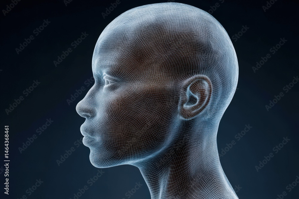 Poster intricate wireframe human profile illustrating digital abstraction and profound significance of iden