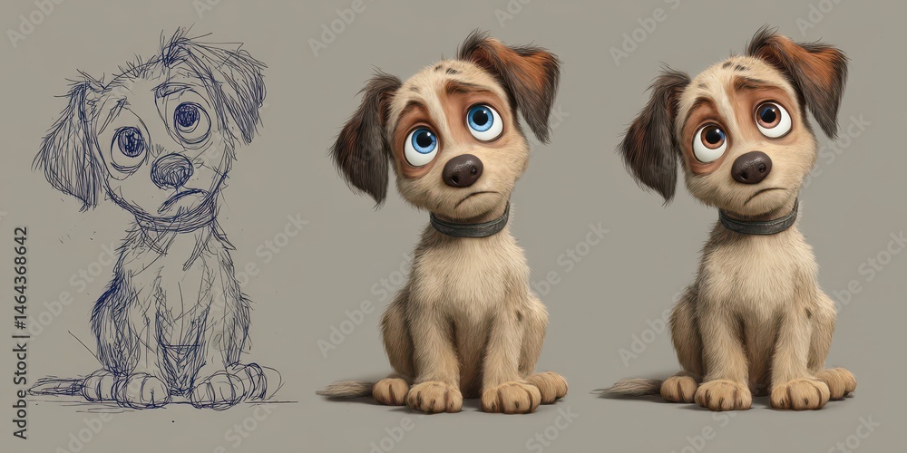 Poster puppy character design stages, from sketch to 3d rendering