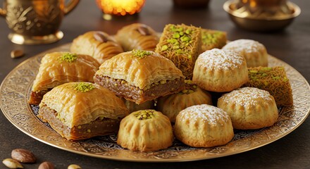 Middle Eastern sweets assortment on decorative plate
