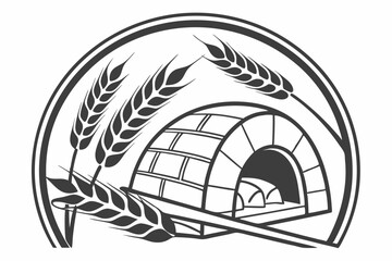 6 black and white icon, pizza oven logo, circular design, brick oven, wheat stalks, minimalist, stylized, geometric shapes, symmetrical composition, negative space, simple lines, monochrome illustrati