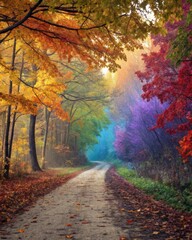 Fototapeta premium A path lined with autumn leaves leading toward a vibrant forest symbolizing the transition through different life phases and the beauty of change.