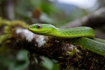 Green Vine Snake Resting on Mossy Branch in Lush Environment
