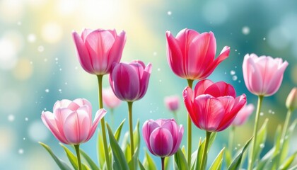 Obraz premium A watercolor painting depicting vibrant tulip blooms in various shades of pink, purple, and white against a soft, blurred background that evokes the freshness of spring in April.