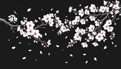 An intricate line art piece showcasing the beauty of cherry blossom branches in bloom, with petals falling in a scattered pattern, creating a sense of movement and tranquility in the image.