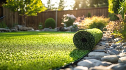 Roll of artificial turf unrolled on a bed of rocks in a sunny backyard garden setting outdoors