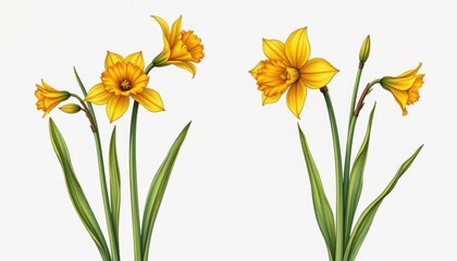 A botanical sketch featuring vibrant yellow daffodils with long, slender stems and trumpet shaped blooms on a clean white background