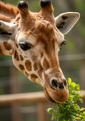 Obraz premium Giraffe eating leaves close-up (1)