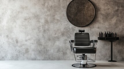 A black hair salon chair with chrome accents standing under a round mirror on a concrete wall, evoking industrial chic vibes