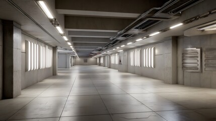 Fototapeta premium A vast design focused interior space with a clean uniform aesthetic featuring matte surfaces soft lighting and a symmetrical layout that conveys a sense of efficiency and functionality