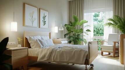 Bright and inviting assisted living bedroom features a comfortable adjustable bed, natural light, plants, and peaceful decor creating a serene environment.