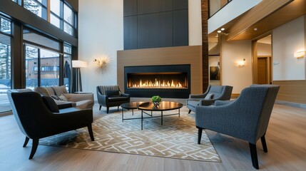 Fototapeta premium Modern living room features a fireplace as a focal point, providing a cozy atmosphere with armchairs around a table on a stylish rug beneath high ceilings.