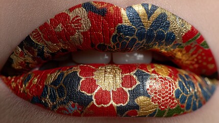 Floral Lips Closeup Red Gold Japanese Kimono Print.