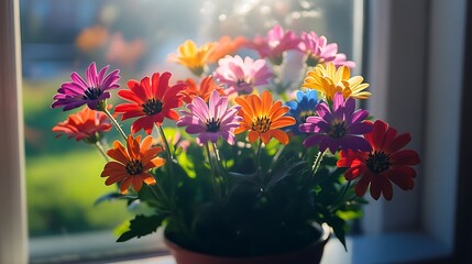Colorful bouquet of flowers by a window.