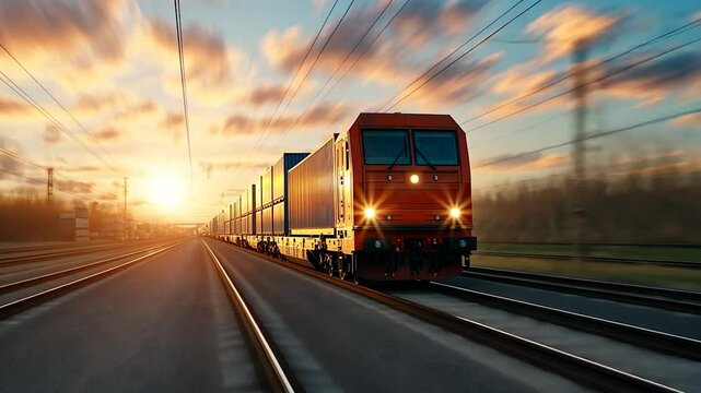Freight train with cargo containers speeds along railway tracks at sunset.  Orange locomotive dominates the foreground, with a blurred background suggesting motion. Warm sunset hues illuminate the